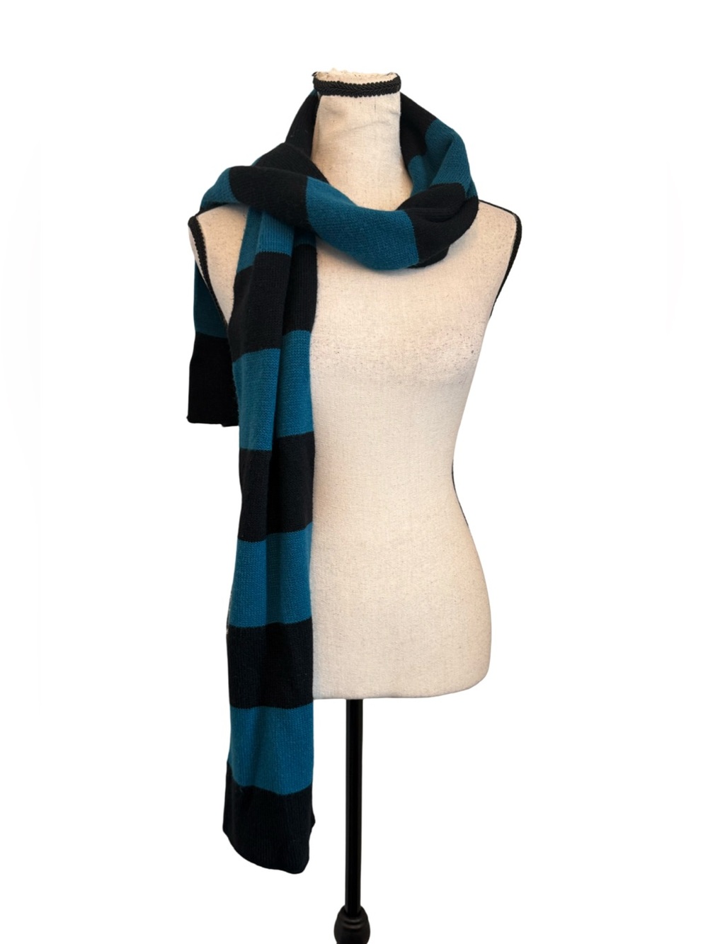Retro7 Black Teal Striped Knit Scarf 72" Acrylic Unisex